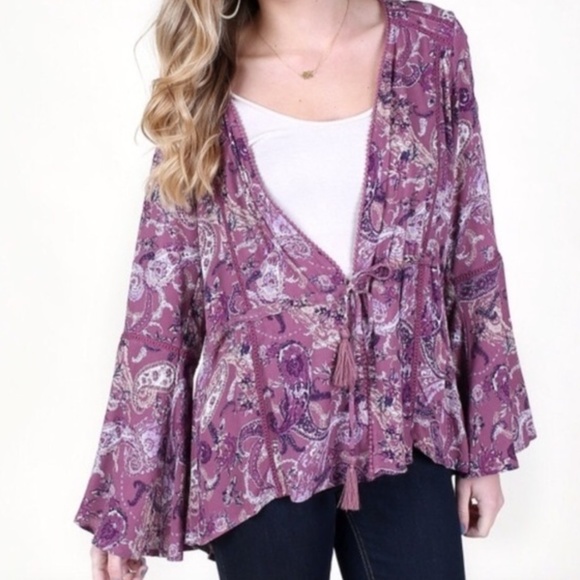MAltar’d State Plum Paisley Boho Bell Sleeve Tie Front Kimono Top. SMALL - Picture 1 of 16